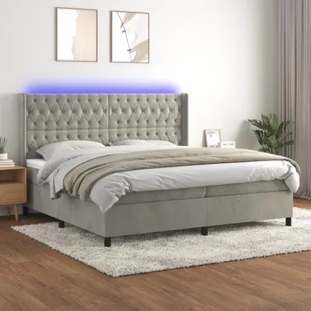 Sommier à lattes de lit matelas et LED Gris clair 200x200 cm