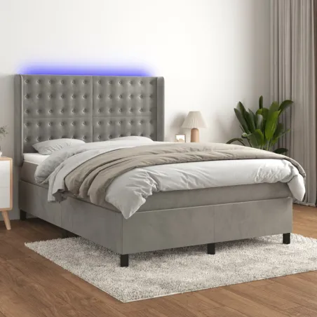 Sommier à lattes de lit matelas et LED Gris clair 140x190 cm