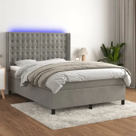 Sommier à lattes de lit matelas et LED Gris clair 140x200 cm