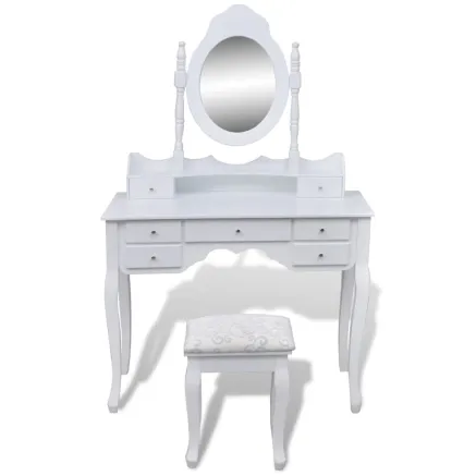 Coiffeuse avec miroir et tabouret 7 tiroirs Blanc 2