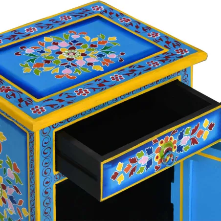 Table de chevet Bois de manguier Turquoise Peinture à la main