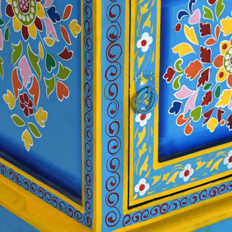 Table de chevet Bois de manguier Turquoise Peinture à la main