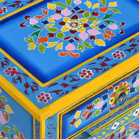 Table de chevet Bois de manguier Turquoise Peinture à la main