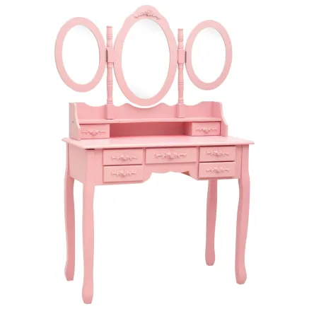 Coiffeuse avec tabouret et miroir pliable en 3 Rose 2