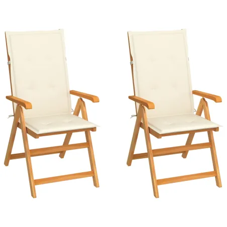 Chaises de jardin lot de 2 et coussins crème Bois teck massif