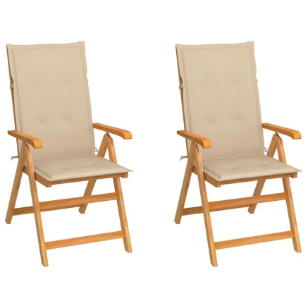 Chaises de jardin lot de 2 et coussins beige Bois teck massif