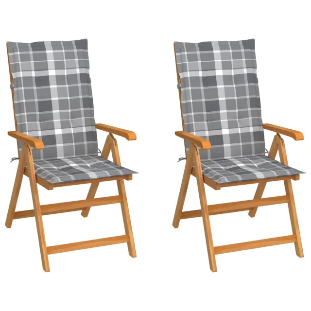 Chaises de jardin lot de 2 et coussins à carreaux gris Teck