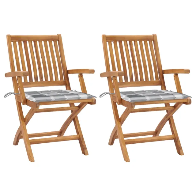 Chaises de jardin lot de 2 avec coussins à carreaux gris Teck