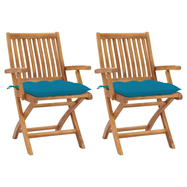 Chaises de jardin lot de 2 avec coussins bleu clair Teck massif