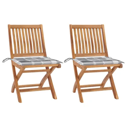 Chaises de jardin lot de 2 avec coussins à carreaux gris Teck