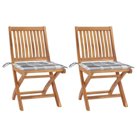 Chaises de jardin lot de 2 avec coussins à carreaux gris Teck