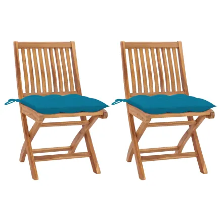 Chaises de jardin lot de 2 avec coussins bleu clair Teck massif