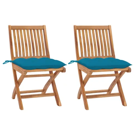 Chaises de jardin lot de 2 avec coussins bleu clair Teck massif
