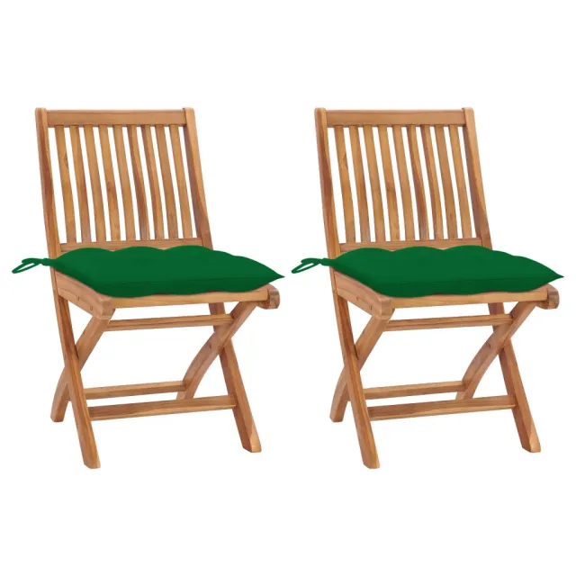 Chaises de jardin lot de 2 et coussins vert Bois de teck massif
