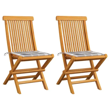 Chaises de jardin lot de 2 avec coussins à carreaux gris Teck