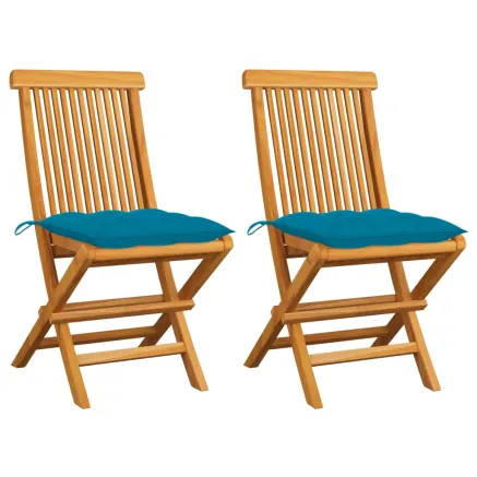 Chaises de jardin lot de 2 avec coussins bleu clair Teck massif