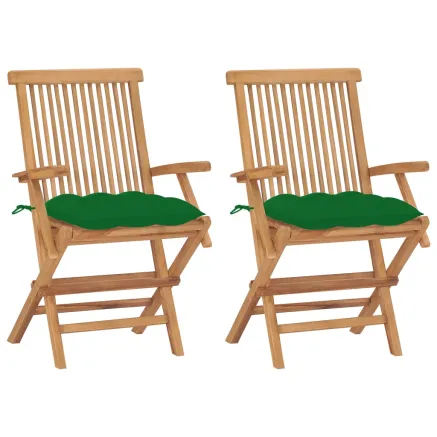 Chaises de jardin avec coussins vert lot de 2 Bois teck massif