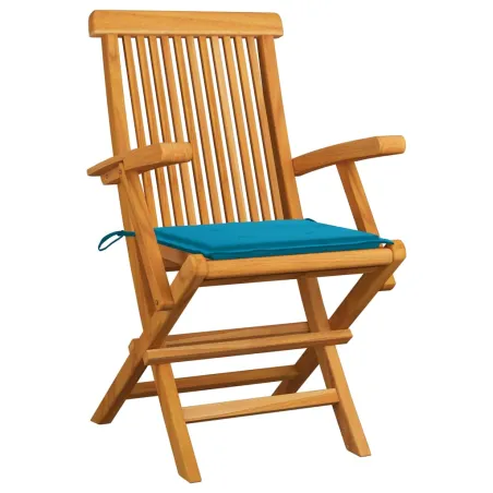 Chaises de jardin avec coussins bleu lot de 3 Bois teck massif