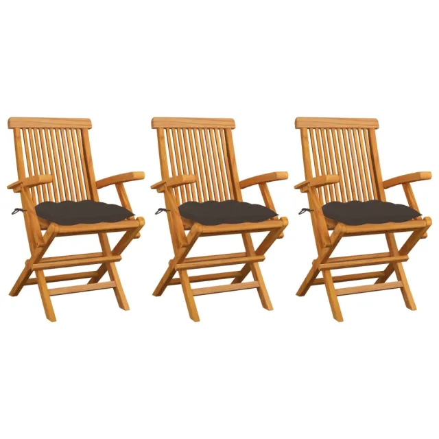 Chaises de jardin avec coussins taupe lot de 3 Bois teck massif