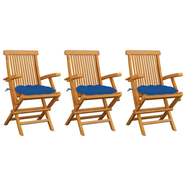 Chaises de jardin avec coussins bleu lot de 3 Bois teck massif