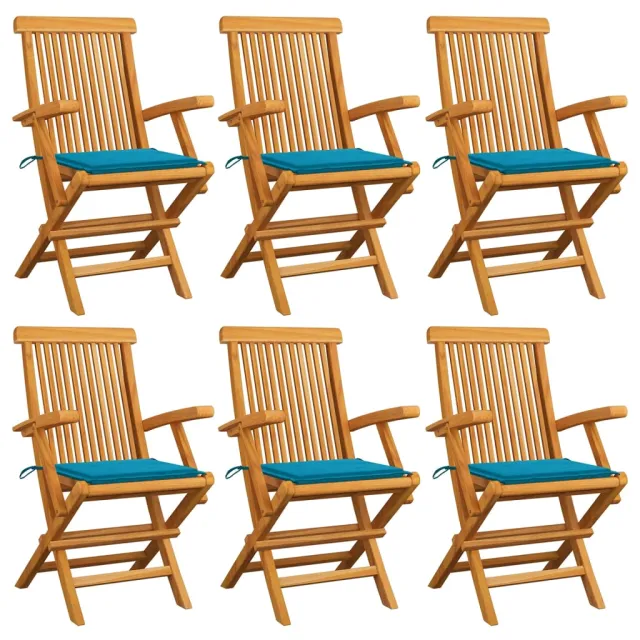 Chaises de jardin avec coussins bleu lot de 6 Bois teck massif