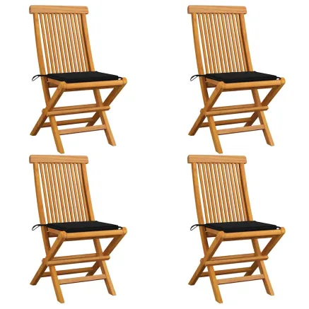 Chaises de jardin et coussins noir lot de 4 Bois de teck massif