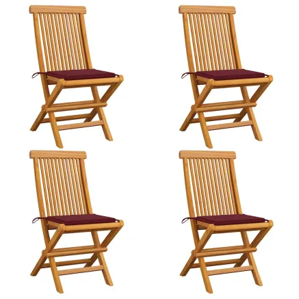 Chaises de jardin avec coussins rouge bordeaux lot de 4 Teck