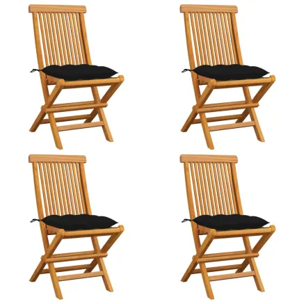 Chaises de jardin et coussins noir lot de 4 Bois de teck massif