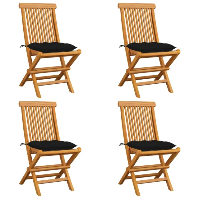 Chaises de jardin et coussins noir lot de 4 Bois de teck massif