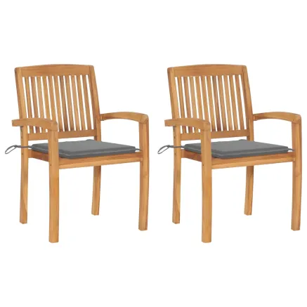 Chaises de jardin lot de 2 et coussins gris Bois de teck massif