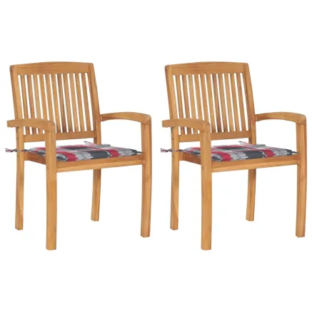 Chaises de jardin lot de 2 avec coussins à carreaux rouges Teck