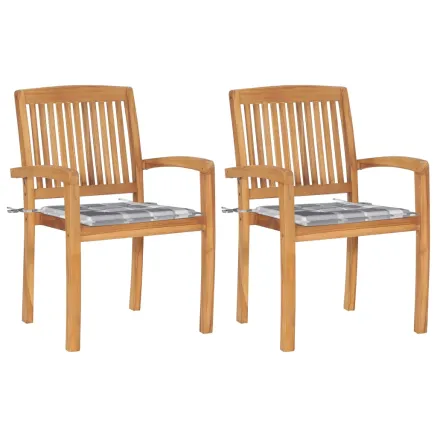 Chaises de jardin lot de 2 avec coussins à carreaux gris Teck