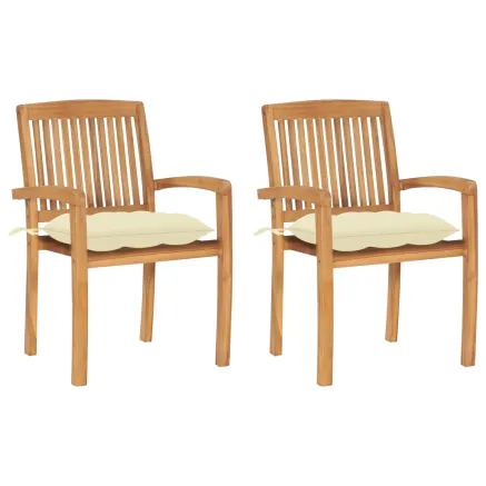 Chaises de jardin lot de 2 et coussins blanc crème Bois de teck