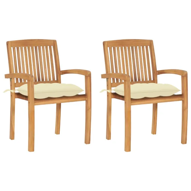 Chaises de jardin lot de 2 et coussins blanc crème Bois de teck