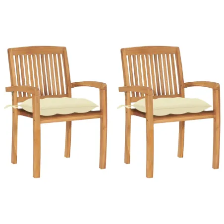 Chaises de jardin lot de 2 et coussins blanc crème Bois de teck