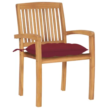 Chaises de jardin lot de 2 avec coussins bordeaux Teck massif 2