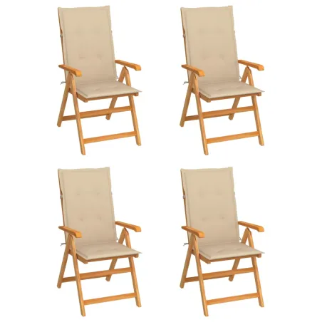 Chaises de jardin lot de 4 avec coussins beige Bois teck solide