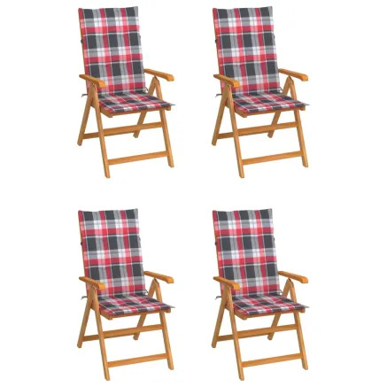 Chaises de jardin lot de 4 et coussins à carreaux rouge Teck