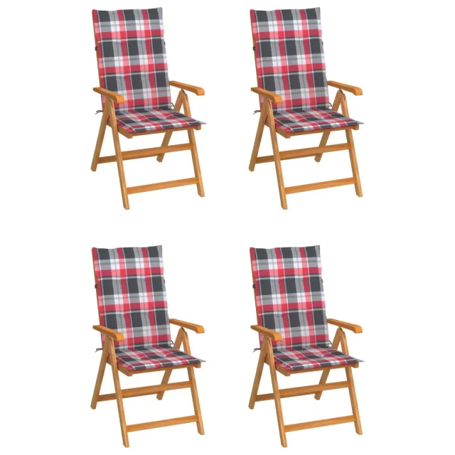 Chaises de jardin lot de 4 et coussins à carreaux rouge Teck