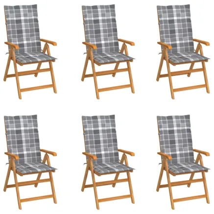 Chaises de jardin lot de 6 et coussins carreaux gris Bois teck