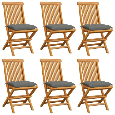 Chaises de jardin et coussins gris lot de 6 Bois de teck massif