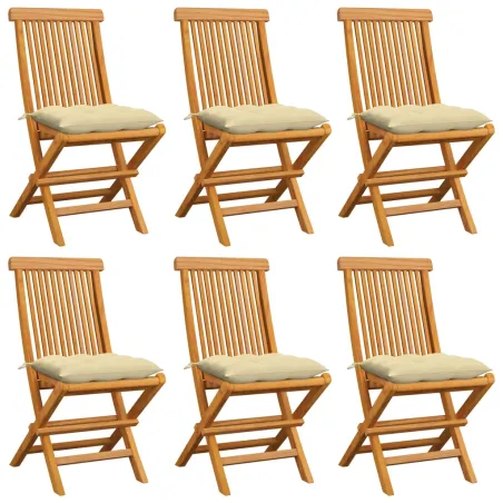 Chaises de jardin et coussins blanc crème lot de 6 Teck massif