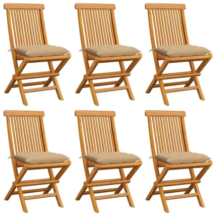 Chaises de jardin et coussins beige lot de 6 Bois teck massif