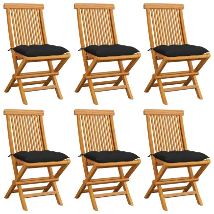 Chaises de jardin et coussins noir lot de 6 Bois de teck massif