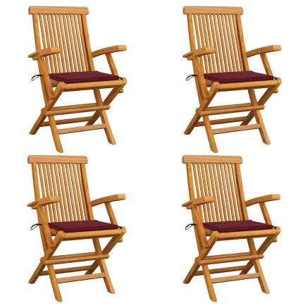 Chaises de jardin avec coussins rouge bordeaux lot de 4 Teck