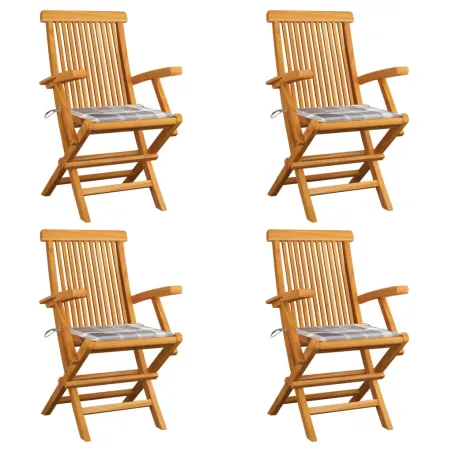 Chaises de jardin coussins à carreaux gris lot de 4 Teck massif