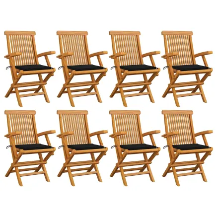 Chaises de jardin avec coussins noir lot de 8 Bois teck massif