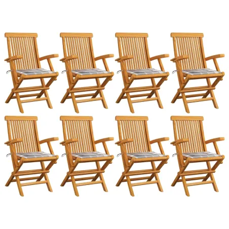Chaises de jardin et coussins à carreaux gris lot de 8 Teck