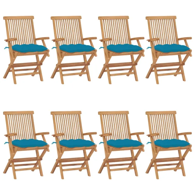 Chaises de jardin avec coussins bleu clair lot de 8 Teck massif