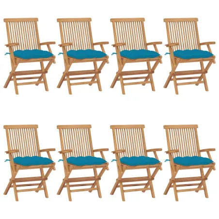 Chaises de jardin avec coussins bleu clair lot de 8 Teck massif